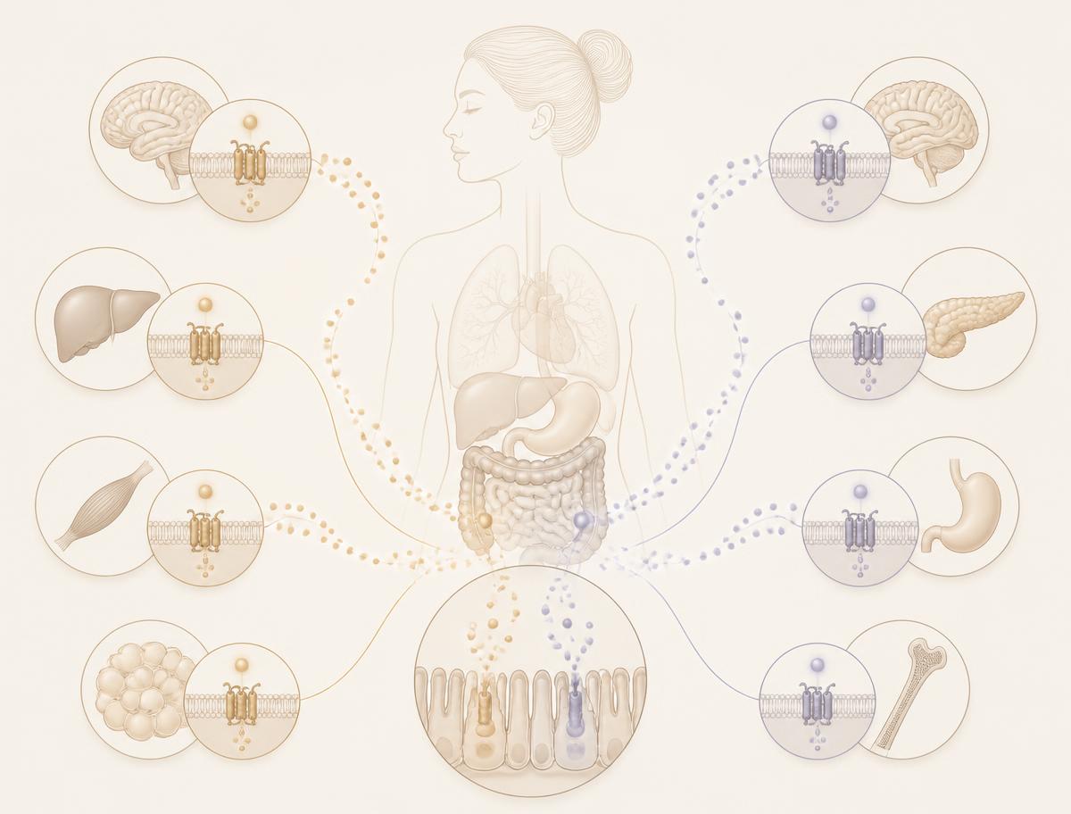 Illustration of GLP-1 and GIP receptor pathways acting on the brain, pancreas, stomach and fat tissue