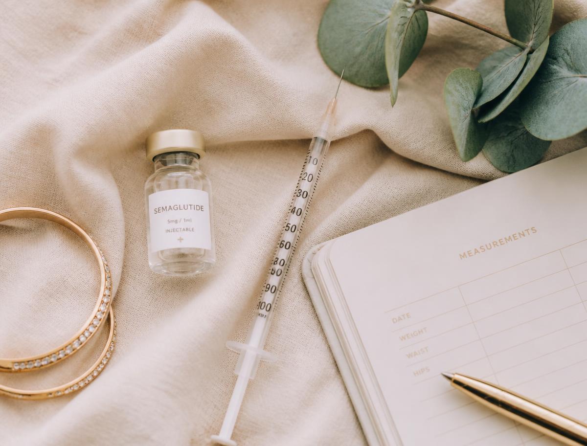 Compounded GLP-1 vial with an insulin syringe and a measurements journal on cream linen