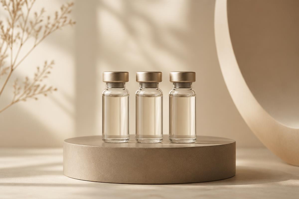 Three Gala GLP-1 style vials arranged on a stone pedestal in warm daylight
